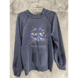 Vtg 80s Sweatshirt Small Navy Blue Wash Kitten Cat Art Print Artwork Texas 1985